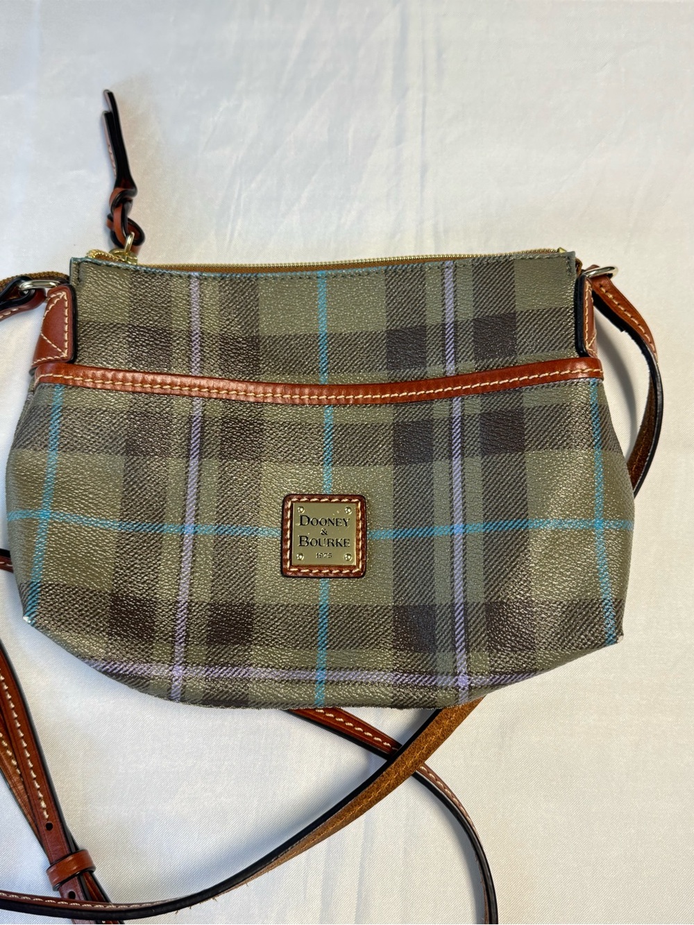 Dooney & Bourke Olive Plaid Crossbody with Brown Leather Trim